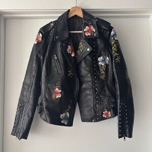 Black Faux Leather Embroidered Moto Biker Jacket